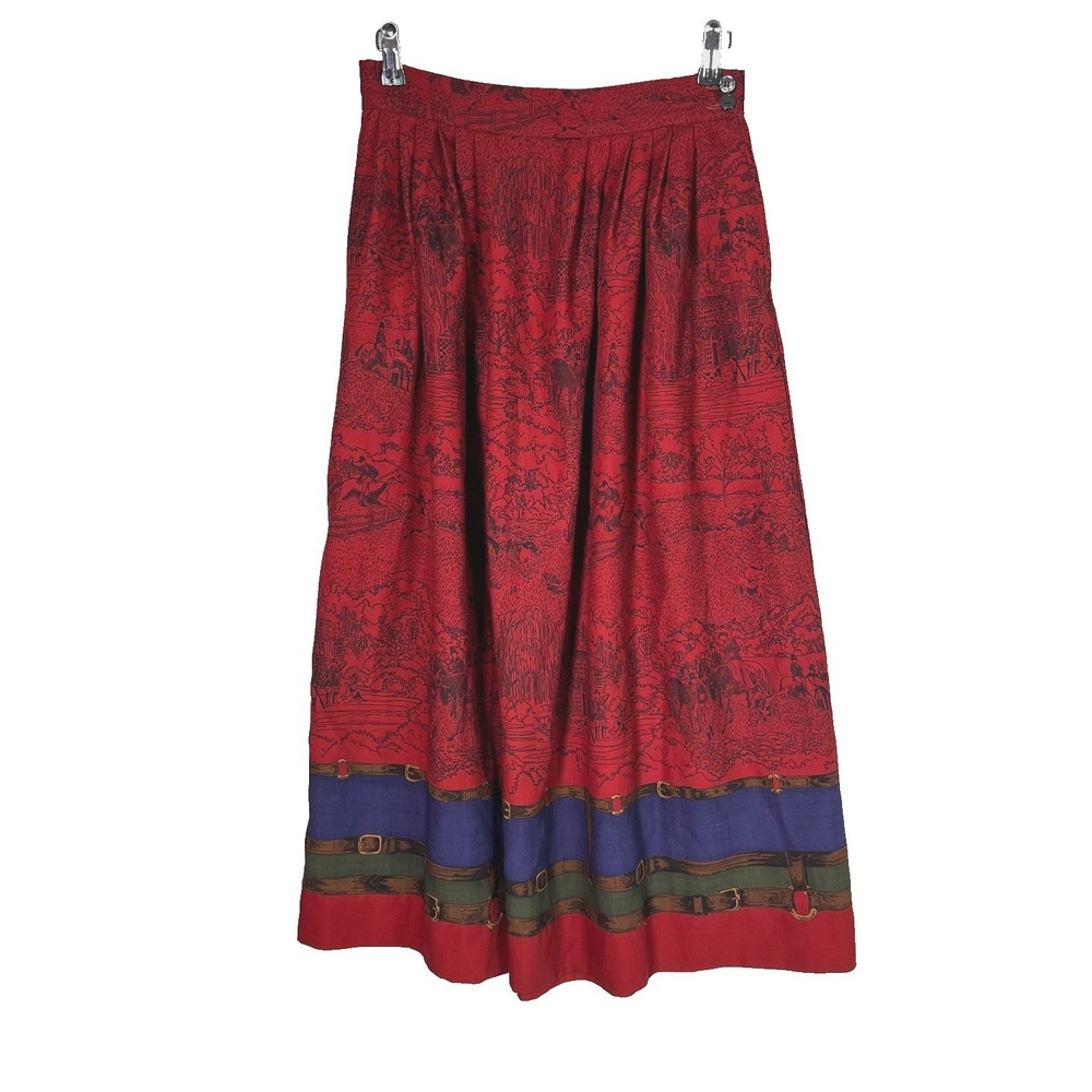 Vintage Corbin Ltd Skirt 12 Midi Red Equestrian Toile Horse‎ Rider Novelty Print